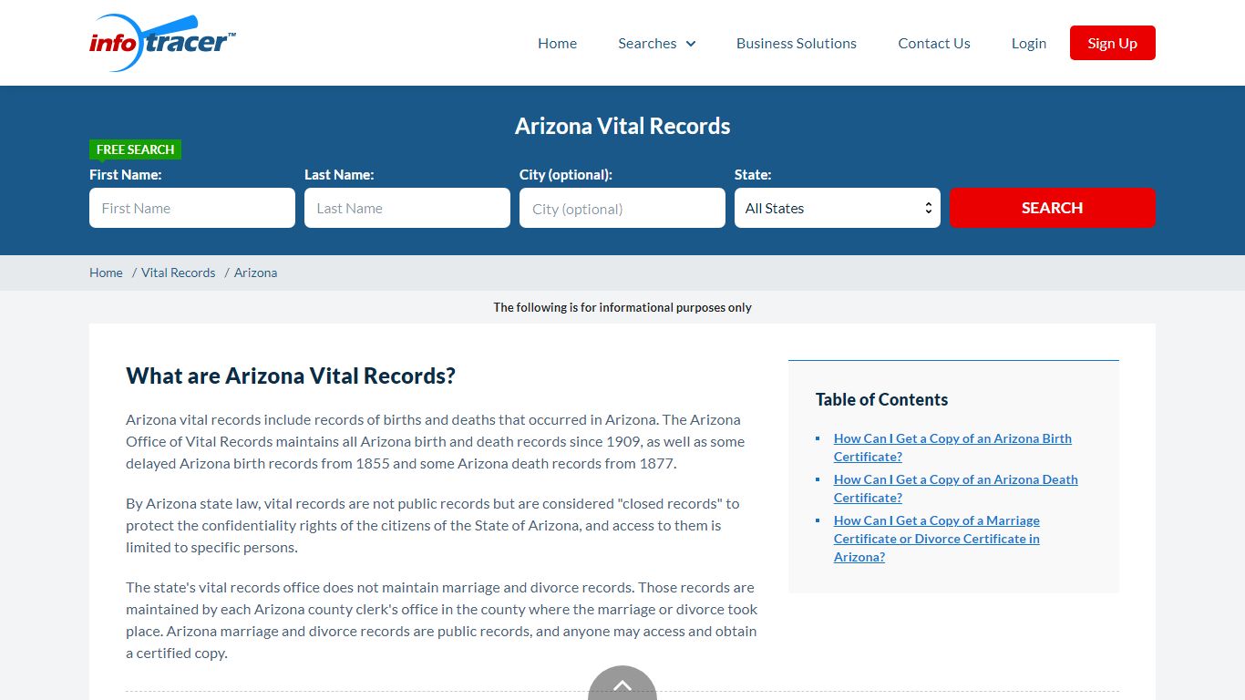 Arizona Vital Records | Birth, Marriage, Divorce, Death - InfoTracer