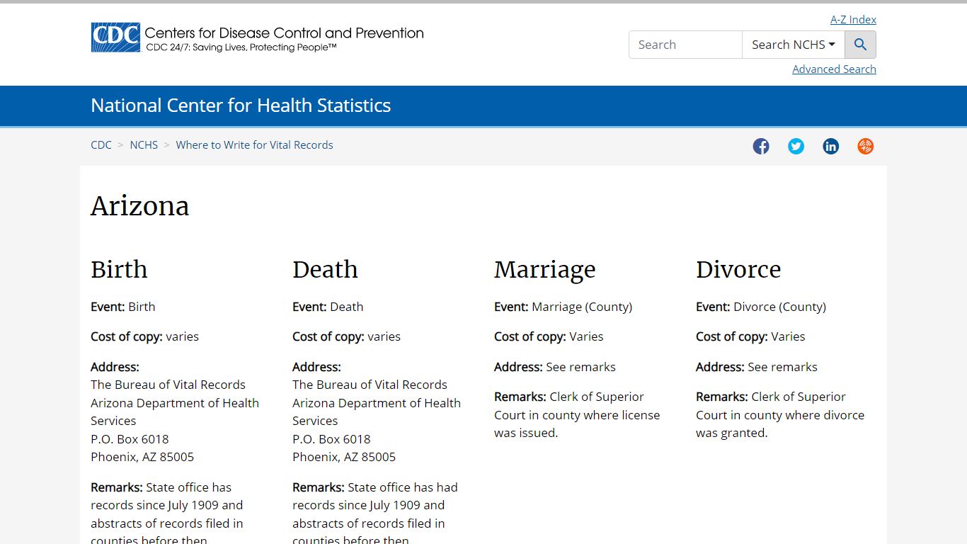 Where to Write for Vital Records - Arizona - Centers for Disease ...